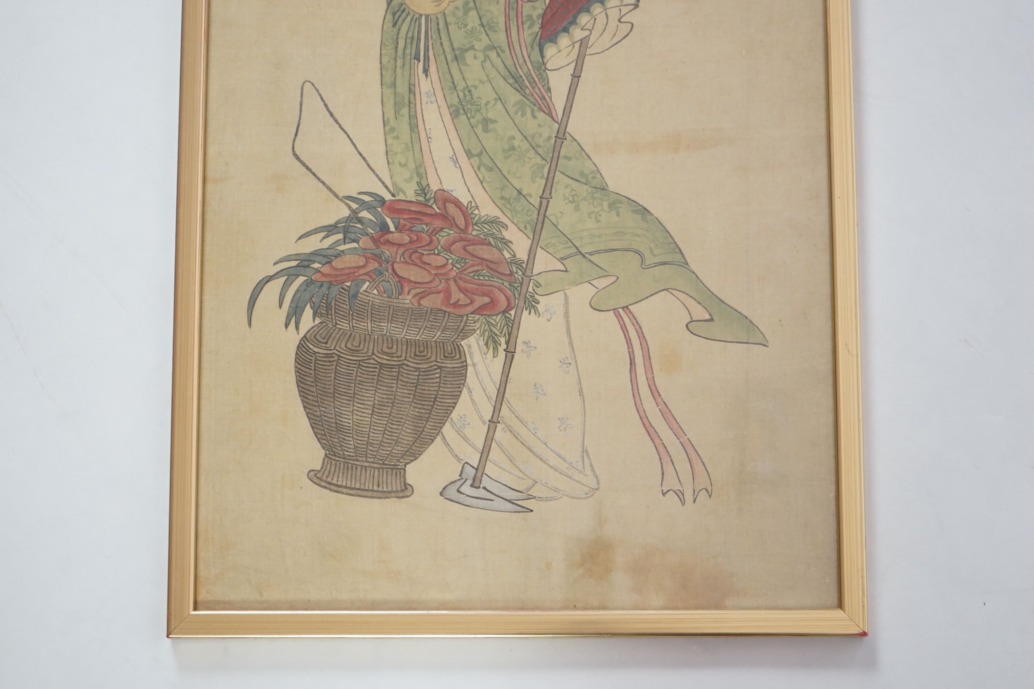 Chinese School, 19th century, ink and colour on paper, Magu with a basket of flowers